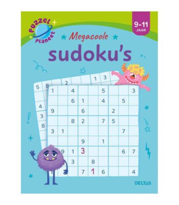 Voorkant van sudoku puzzelboek voor kinderen van 9 tot 11 jaar met vrolijke monsters Puzzelplaneet - Megacoole Sudoku's 9-11 jaar