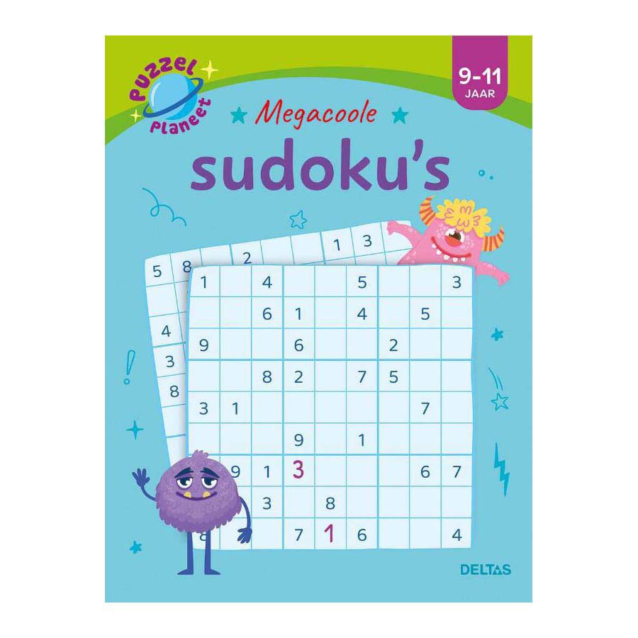 deltas-voorkant-sudoku-boek-kinderen-9-11-jaar Voorkant van sudoku puzzelboek voor kinderen van 9 tot 11 jaar met vrolijke monsters Puzzelplaneet - Megacoole Sudoku's 9-11 jaar