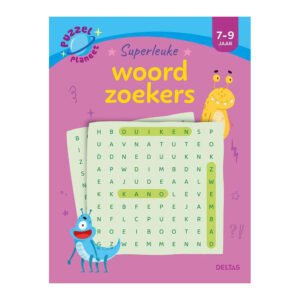 Voorkant van kleurrijk woordzoekerboek voor kinderen met monsters en woordpuzzel Puzzelplaneet - Superleuke Woordzoekers 7-9 jaar
