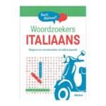 Voorkant van het boek Woordzoekers Italiaans met puzzel en Vespa illustratie. Woordzoekers Italiaans