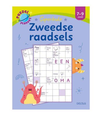 Voorkant van het Zweedse puzzelboek voor kinderen van 7 tot 9 jaar met grappige monstertjes. Puzzelplaneet - Superleuke Zweedse Raadsels 7-9 jaar