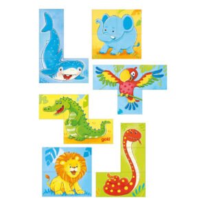 Goki blokpuzzel met kleurrijke dierenillustraties van haai, olifant, papegaai, krokodil, leeuw en slang