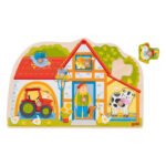 Houten boerderijpuzzel met dieren en boer voor peuters Goki Houten Noppenpuzzel Mijn Boerderij, 7st.