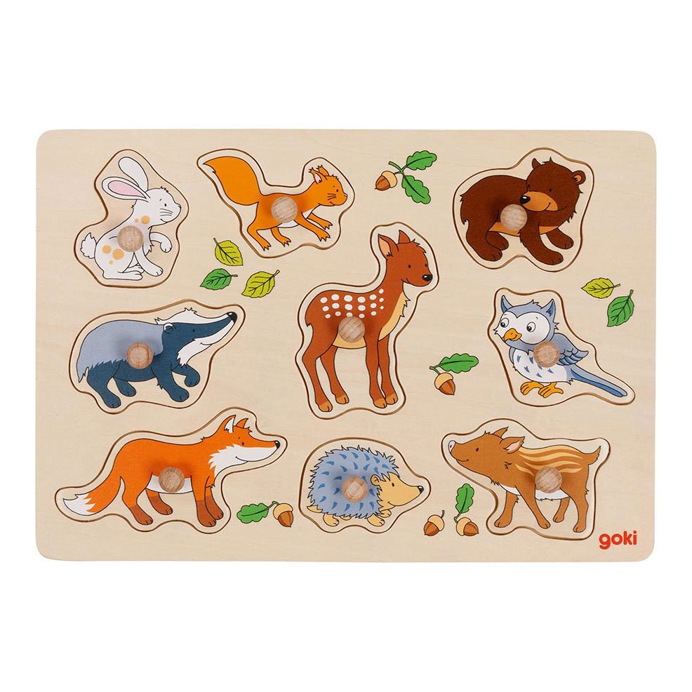 Houten dierenpuzzel met bosdieren voor kinderen van Goki Goki Houten Noppenpuzzel Bosdieren, 9st.
