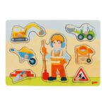 Houten peuterpuzzel met bouwplaats thema en voertuigen van Goki Goki Houten Noppenpuzzel Bouwvakker, 8st.