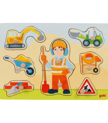 Houten peuterpuzzel met bouwplaats thema en voertuigen van Goki Goki Houten Noppenpuzzel Bouwvakker, 8st.