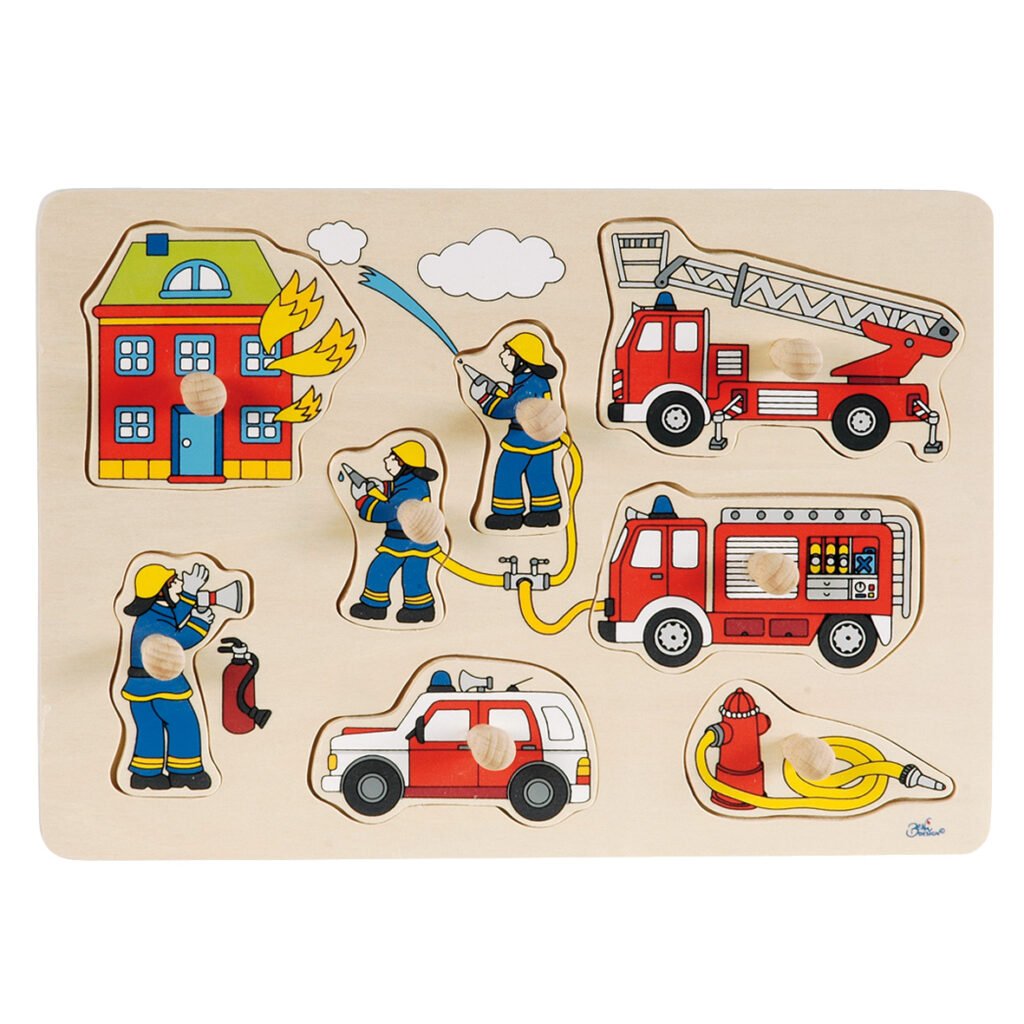 Houten brandweer puzzel voor kinderen met brandweermannen, voertuigen en brandend huis Goki Houten Noppenpuzzel Brandweer
