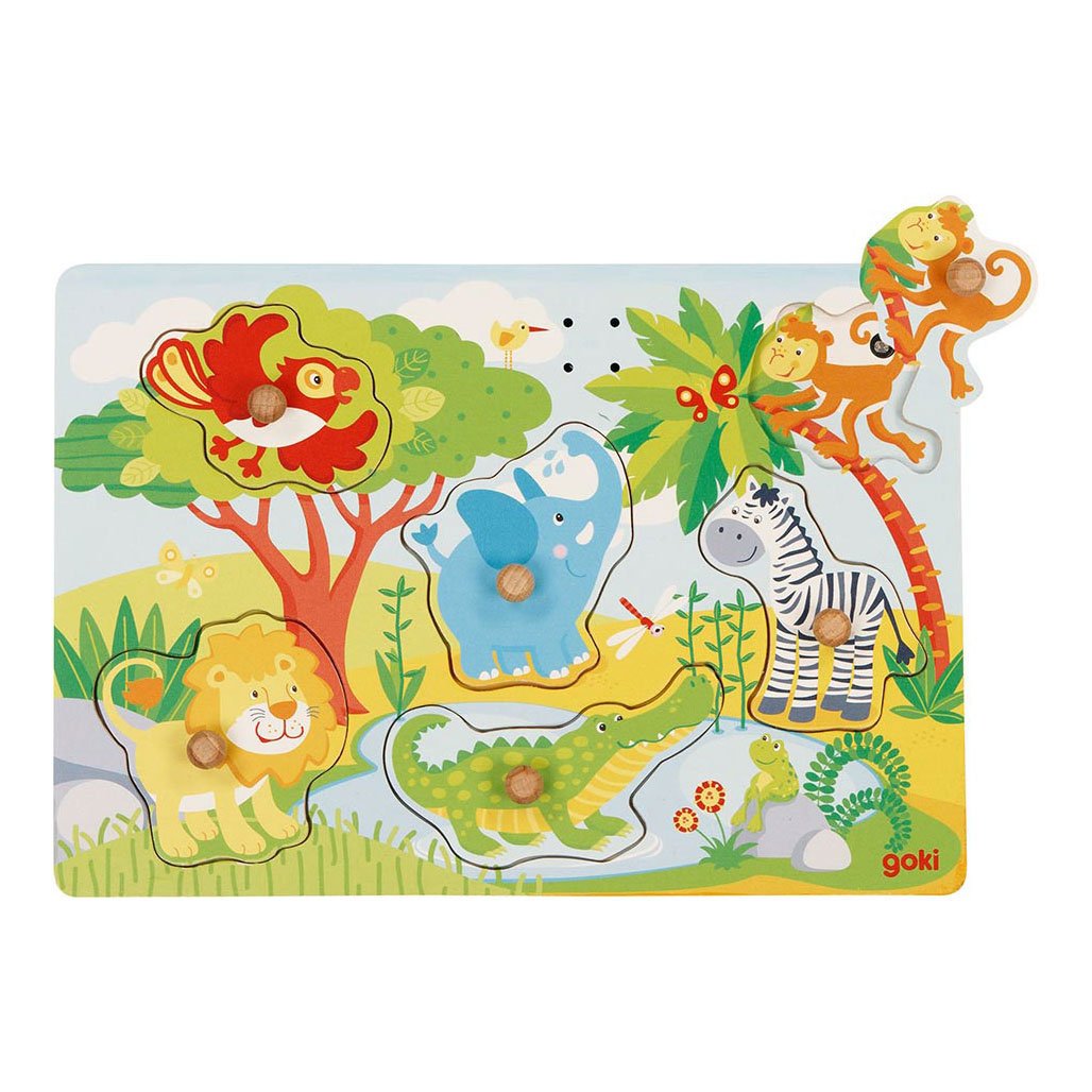 goki-houten-jungle-dierenpuzzel-kinderen Houten jungle puzzel voor kinderen met dieren zoals leeuw, olifant en aap Goki Houten Noppenpuzzel Dierentuin met Geluid, 6st.