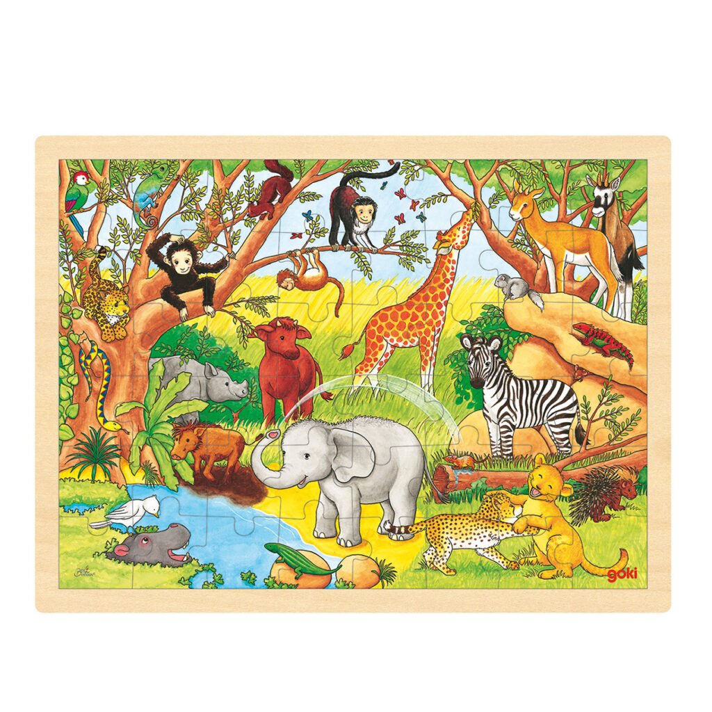 Goki Houten Legpuzzel - Jungle met kleurrijke dieren illustratie