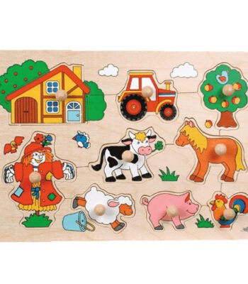 Houten peuterpuzzel met boerderijdieren, tractor en boerderijhuisje Goki Houten Noppenpuzzel Boerderij Retro, 5st.
