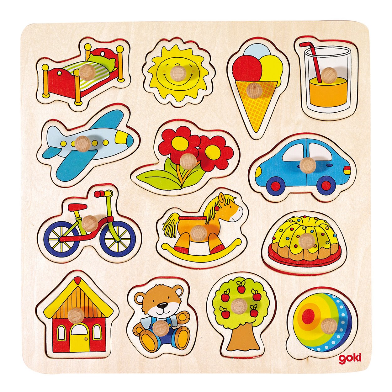 goki-houten-peuterpuzzel-speelgoed-illustraties Houten peuterpuzzel met kleurrijke illustraties van speelgoed en dagelijkse objecten Goki Houten Noppenpuzzel