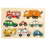 Houten voertuigenpuzzel voor kinderen met brandweerwagen, ambulance, vuilniswagen en politieauto Houten Goki Houten Noppenpuzzel Verkeer