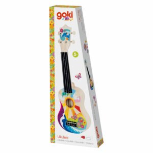 Verpakking van kleurrijke Goki speelgoedukelele met bloemen- en regenboogdesign voor kinderen vanaf 5 jaar