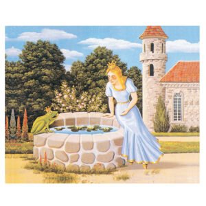 Prinses buigt over een put tegenover een kikker met kroon uit het sprookje De Kikkerkoning