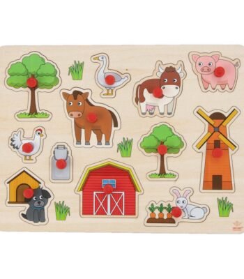 Houten boerderij puzzel met dieren en gebouwen voor jonge kinderen Houten Noppenpuzzel Boerderij, 12st.