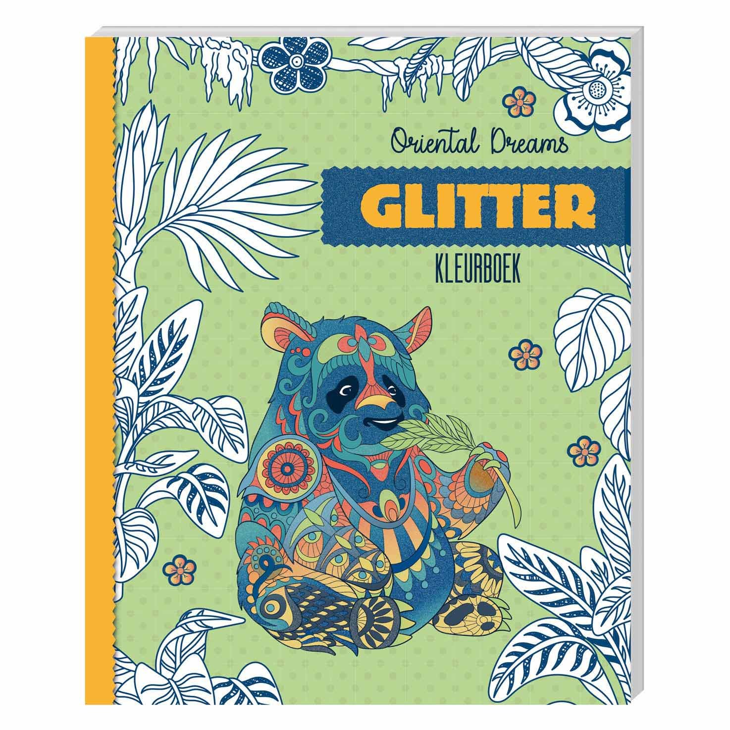 imagebooks-oriental-dreams-glitter-kleurboek-cover Kleurrijke cover van Oriental Dreams Glitter kleurboek met versierde panda en bladeren Glitter Kleurboek Oriental Dreams