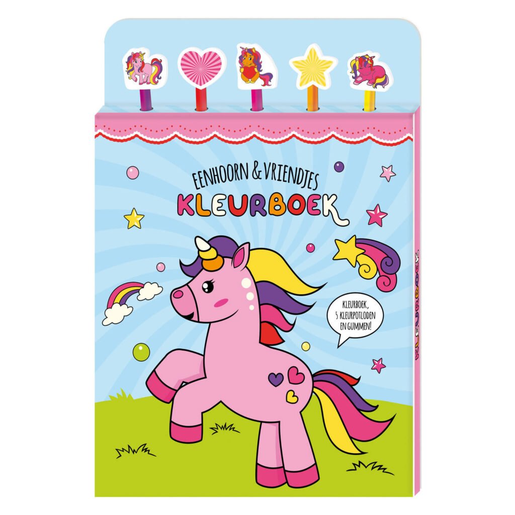 Eenhoorn kleurboek voor kinderen met potloden en gummen in vrolijke kleuren Kleurboek met Kleurpotloden - Eenhoorn & vriendjes