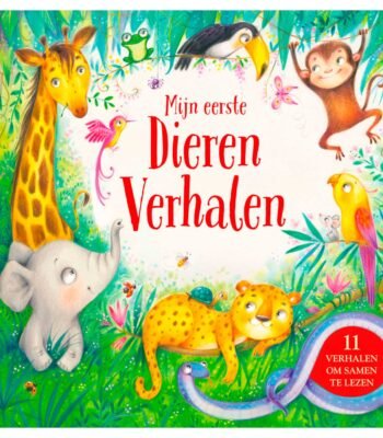 Kinderboek cover met kleurrijke jungle-dieren en titel 'Mijn Eerste Dieren verhalen' Mijn Eerste Dierenverhalen