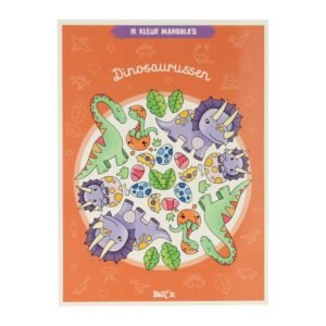 Voorkant van kleurboek Ik Kleur Mandala's Dinosaurussen met vrolijke dino's Ik Kleur Mandala's Dinosaurussen