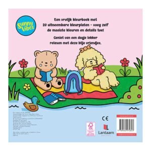 Achterkant vrolijk kleurboek met beer en hondje die lezen op een picknickkleed bij een vijver