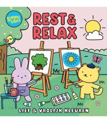 Voorkant kleurboek met konijn en beer die schilderen in een zonnig park Kleurboek Sunny vibes - Rest & relax