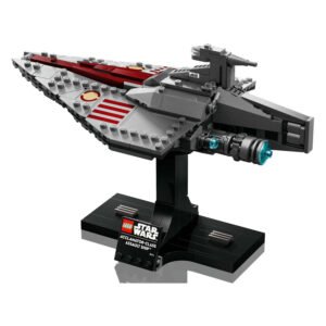 Volledig gebouwde LEGO Star Wars Acclamator-class op zwarte standaard