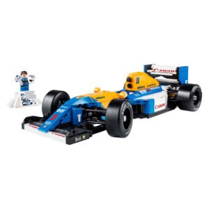 LEGO schaalmodel van Williams FW14B met minifiguur op witte achtergrond