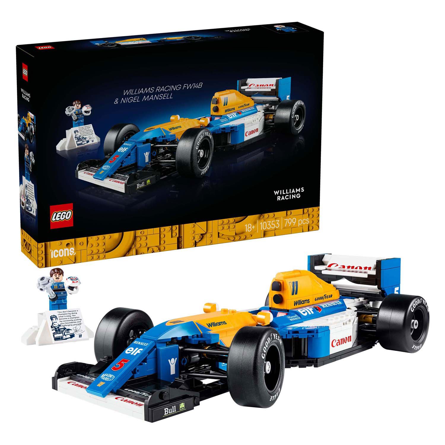 lego-icons-fw14b-nigel-mansell-doos LEGO Icons 10353 Williams Racing FW14B en Nigel Mansell minifiguur met originele verpakking