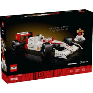 LEGO Icons McLaren Ayrton Senna set in doos met Formule 1 auto op zwarte achtergrond