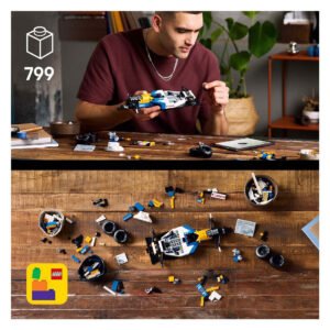 LEGO bouwproces van Williams FW14B raceauto met onderdelen verspreid op tafel