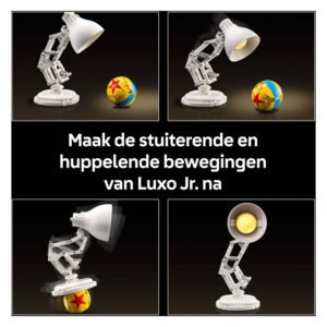 Bewegende LEGO Luxo Jr. lamp met tekst over stuiterende bewegingen