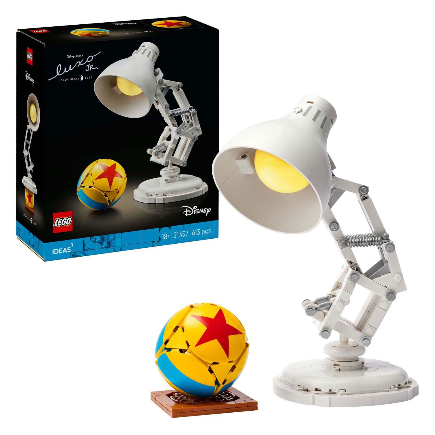 lego-ideas-luxo-jr-model-en-doos LEGO Ideas 21357 Disney Pixar Luxo Jr. model en bal naast originele doos