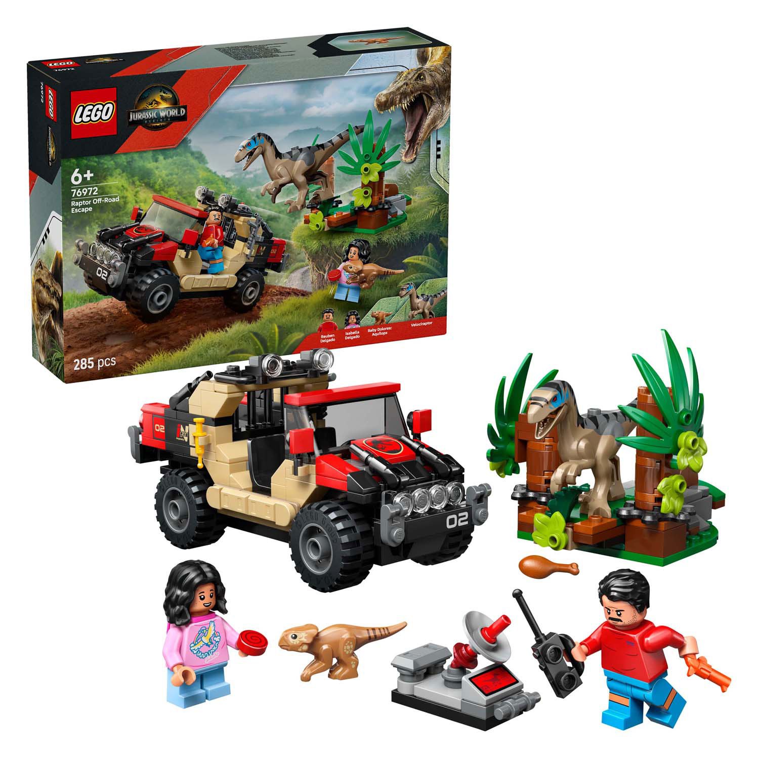 lego-jurassic-world-bouwset-jeep-dino-accessoires LEGO Jurassic World 76972 Offroad raptorontsnapping bouwset met jeep, dino en accessoires
