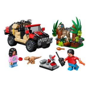 Detailweergave LEGO Jurassic World jeep met minifiguren en dino