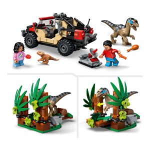 Overzicht van LEGO Jurassic World set met terreinwagen en dino’s