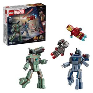 LEGO Marvel 76320 Iron Man en War Machine vs. Hammer Drones set met figuren en doos in beeld