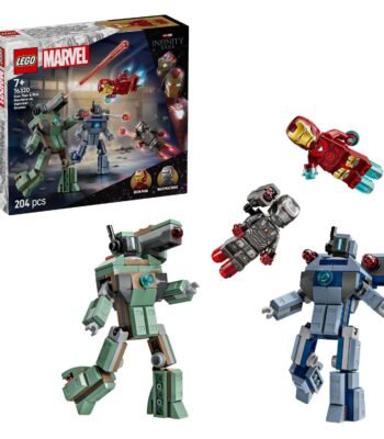 LEGO Marvel 76320 Iron Man en War Machine vs. Hammer Drones set met figuren en doos in beeld