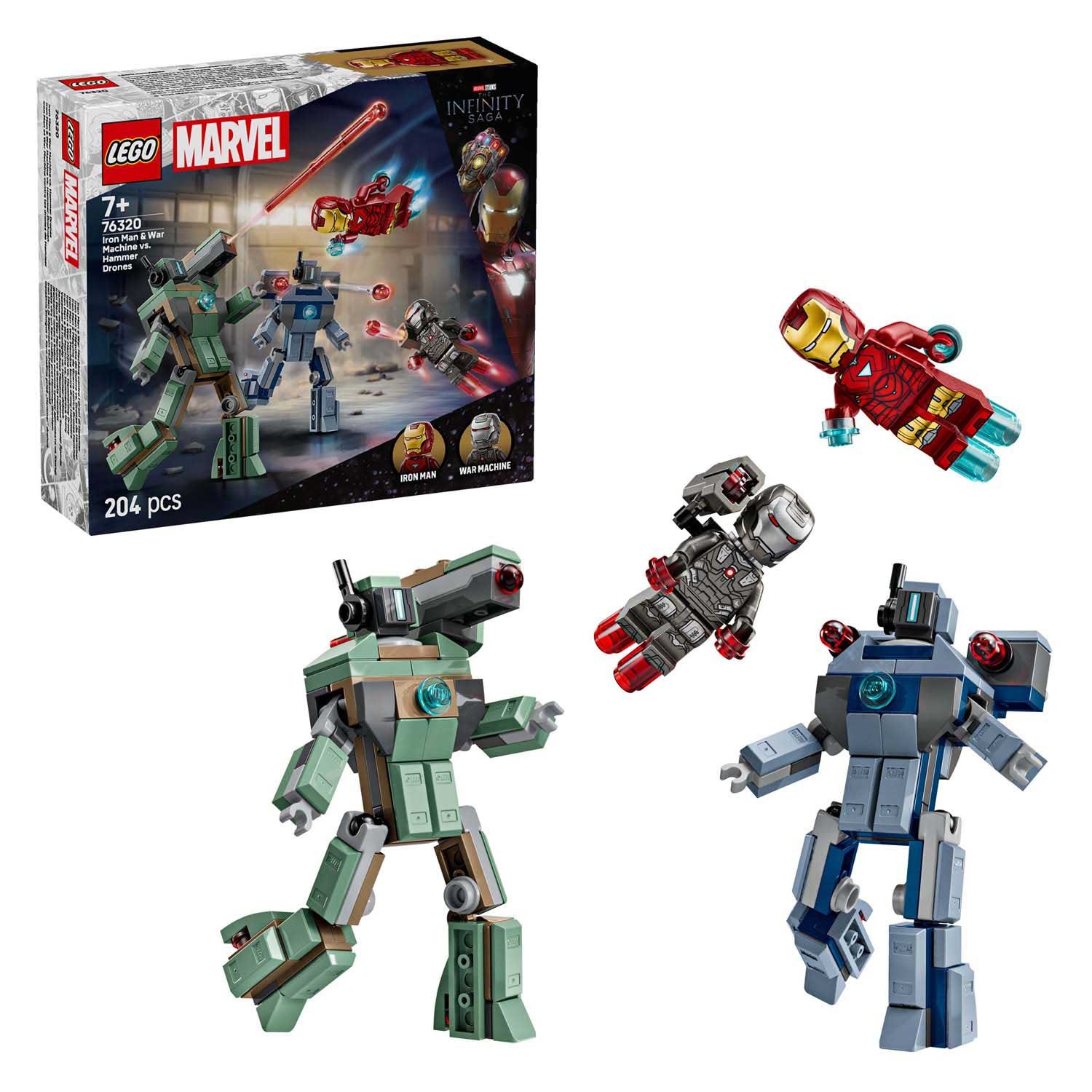 lego-marvel-iron-man-war-machine-set-en-doos LEGO Marvel 76320 Iron Man en War Machine vs. Hammer Drones set met figuren en doos in beeld