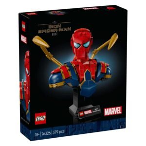 Voorkant van de LEGO Marvel Iron Spider-Man bust doos met 379 onderdelen