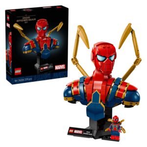 LEGO Marvel 76326 Iron Spider-Man buste en doos samen gepresenteerd
