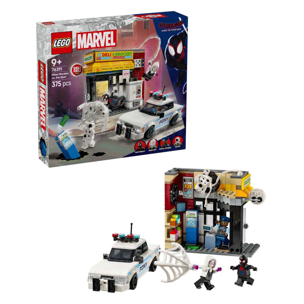 LEGO Marvel 76311 Spider-Verse: Miles Morales vs. De Spot set met verpakking en opstelling van minifiguren