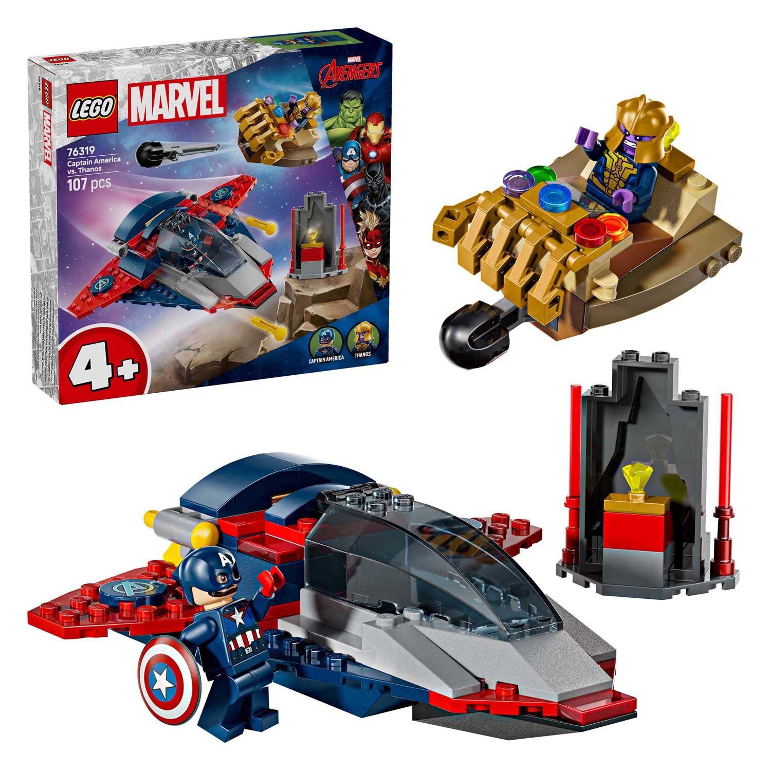 lego-marvel-speelset-captain-america-thanos LEGO Marvel 76319 Captain America vs. Thanos set met doos met Captain America, Thanos, straaljager en Infinity Gauntlet