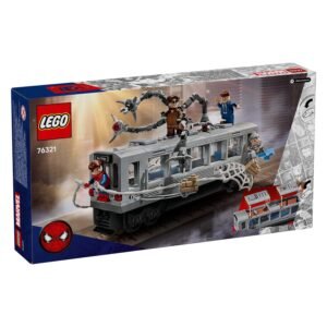 LEGO Marvel Spider-Man gevecht op trein met Doc Ock en minifiguren op doos achterkant