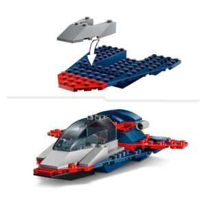 Close-up van het bouwen van een LEGO Marvel vliegtuig in stappen