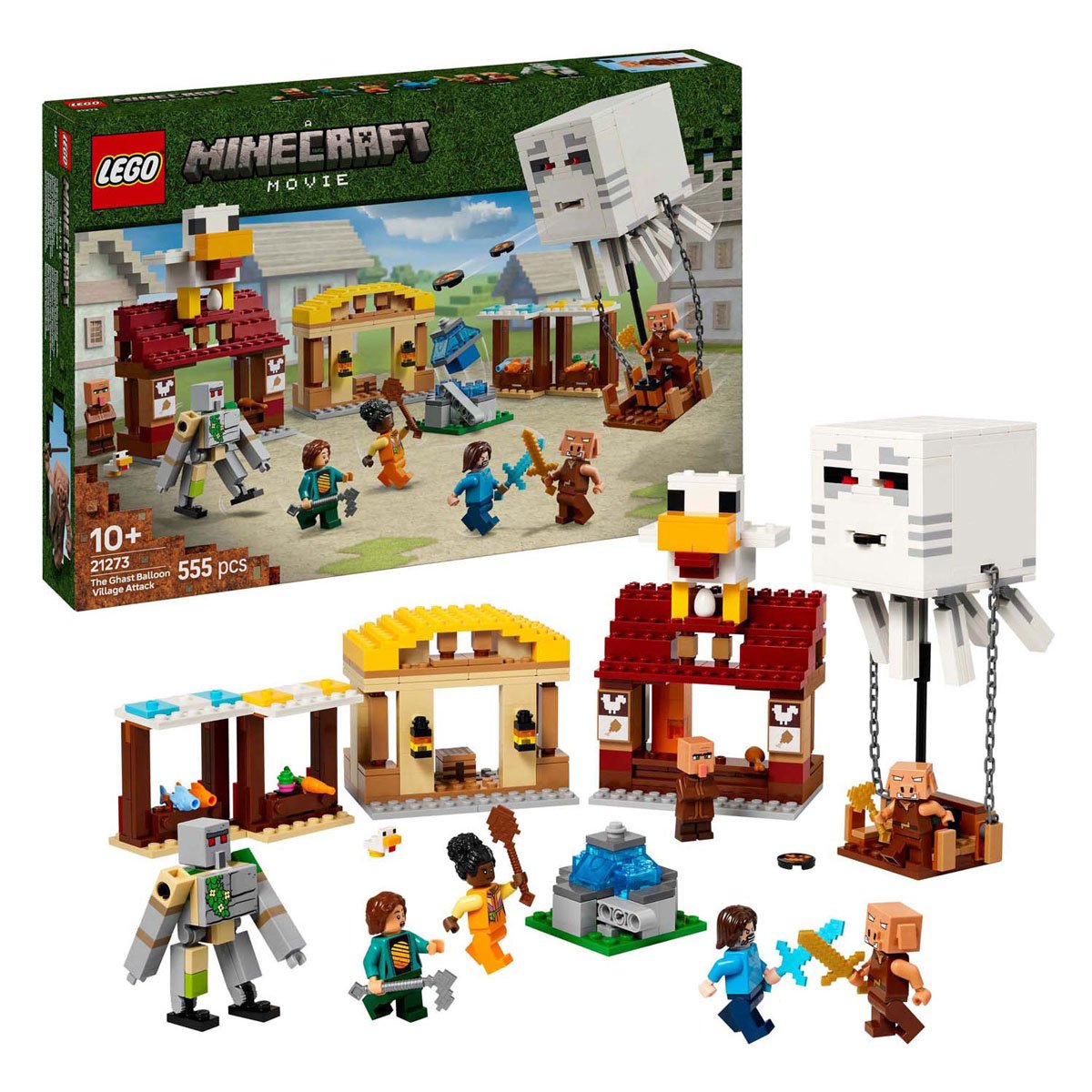 lego-minecraft-21273-bouwset-met-doos LEGO Minecraft 21273 De Ghast-ballon Aanval op het Dorp bouwset met doos en accessoires