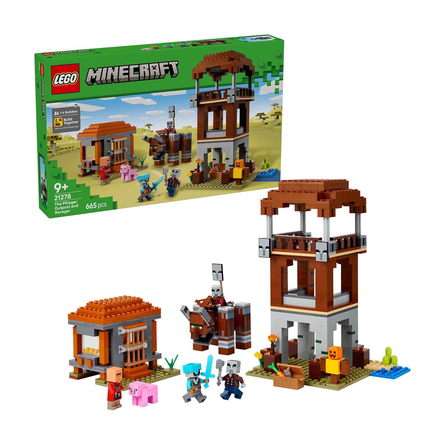 lego-minecraft-21278-volledige-set LEGO Minecraft 21278 De Plunderaar Buitenpost en Verwoester set opgebouwd met alle figuren en bouwwerken