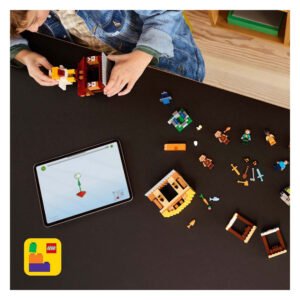 LEGO Minecraft bouwset in aanbouw met digitale instructies op tablet