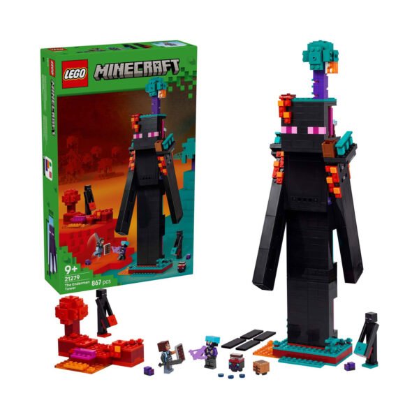 LEGO Minecraft 21279 De Enderman Toren set met minifiguren en bouwconstructie naast de doos