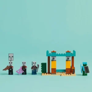LEGO Minecraft set met Illagers en woestijnpoort op lichtblauwe achtergrond