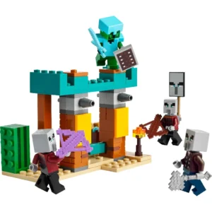 Actiescène met LEGO Minecraft Illagers die een poort aanvallen